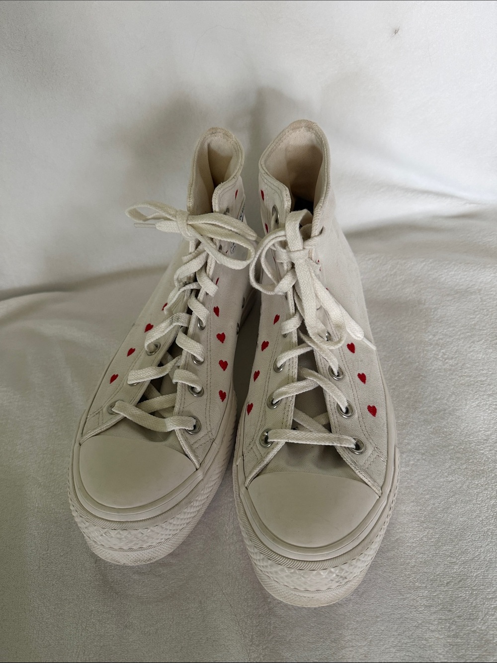 Converse White High-Top Sneakers with Red Heart Details